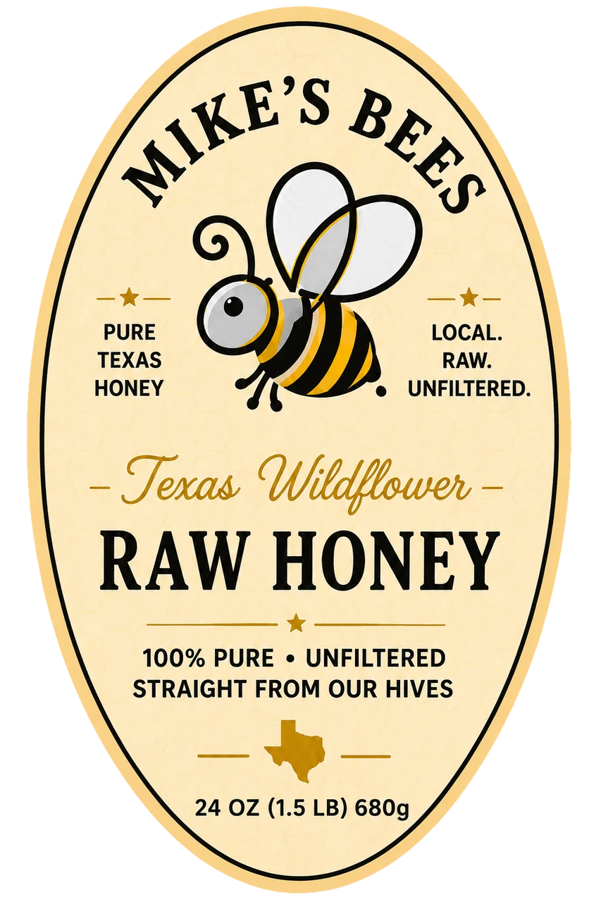 Mike's Bees 24 ounce Texas wildflower raw honey label