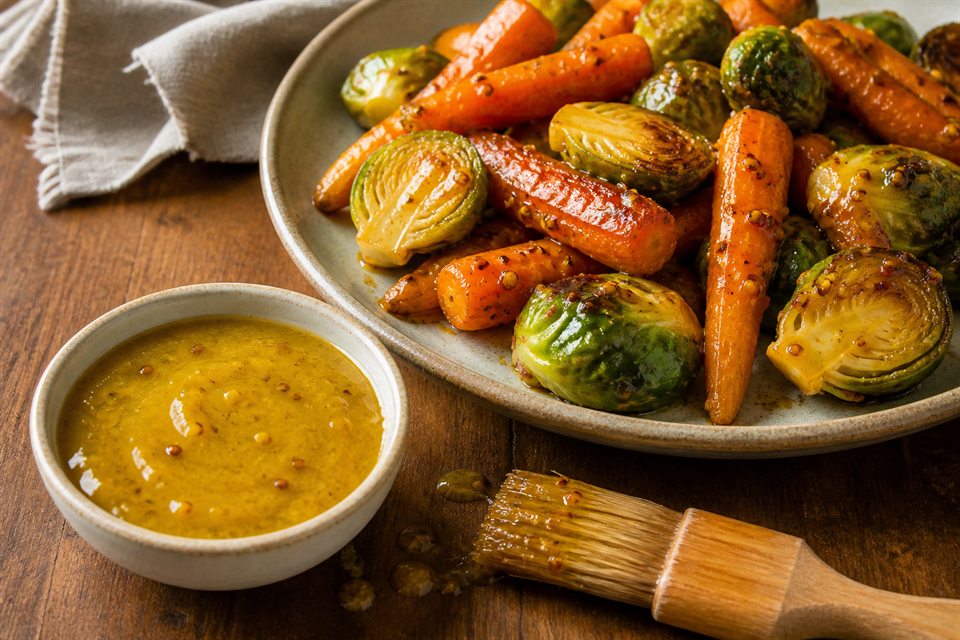 Savory honey-mustard glaze with roasted carrots and Brussels sprouts
